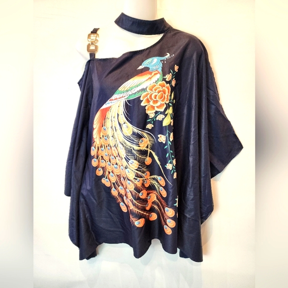 New Navy Blue Tunic Top Peacock Collared Cold Shoulder Size 2X - Picture 1 of 8